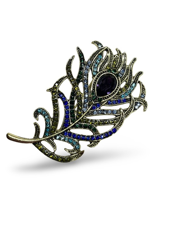 Jewelry - Peacock Feather Crystal Brooch - Multicolor NIP, gold tone base